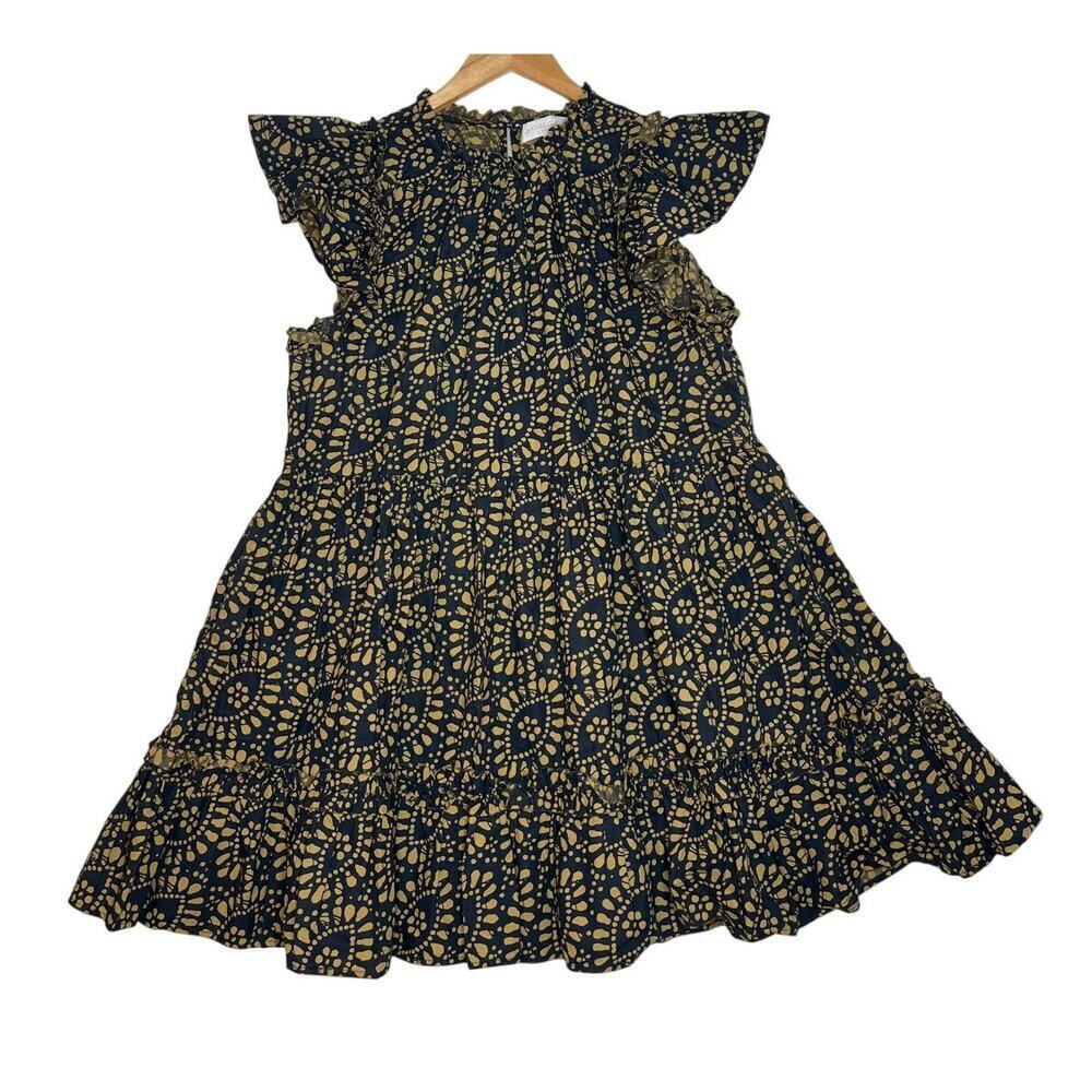 Caroline Constas Navy/Tan Boho Flutter Sleeve Tiered Ruffle Dress sz L Indie